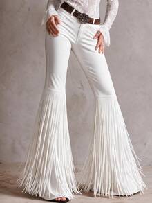 Solivie Women's Flare Leg Pants With Tassel Trim, Long Bell Bottom Trousers, Suitable For Daily Wear, Vintage Romantic Style - White - View 3