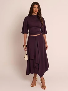 SHEIN BAE Fall Winter Deep Purple High Neck Loose Crop Top Layered Asymmetric Midi Skirt Two Piece Set Elegant Outfit - Brown - View 3