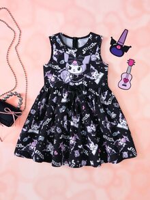 HELLO KITTY AND FRIENDS | SHEIN Young Girl Cartoon Pattern Sleeveless Round Neck High Waist Bow Decor Dress - Multicolor - View 1