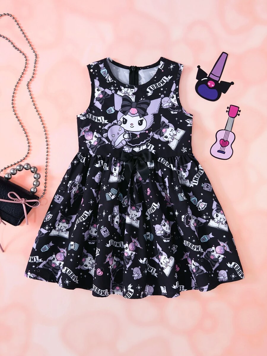 HELLO KITTY AND FRIENDS | SHEIN Young Girl Cartoon Pattern Sleeveless Round Neck High Waist Bow Decor Dress - Multicolor - View 1