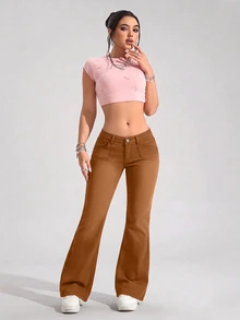 SHEIN PETITE Women's Casual Daily Travel Denim Long Pants With Pockets And Buttons,Fall/Winter,New Year Look - Brown - View 3