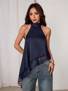 SHEIN PETITE 不對稱高領掛脖上衣，蕾絲飾邊，晚宴派對雞尾酒會正式優雅款 - 藏蓝色 - 查看 7