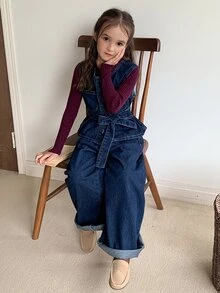 Dazy Kids Tween Girl) Round Neck Casual Denim Shirt Top + Straight Leg Pants Two Pieces Denim Set - Dark Wash - View 5