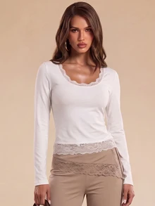 Bluhae Fashionable New Autumn Sexy Long Sleeve Contrast Lace Women T-Shirt - White - View 3