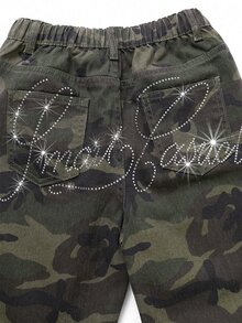 SHEIN Girls Y2K Camo Denim Jeans With Shiny Rhinestone Letter Pattern, Wide Leg Loose Fit, Back To School Streetwear - Army Green - View 5