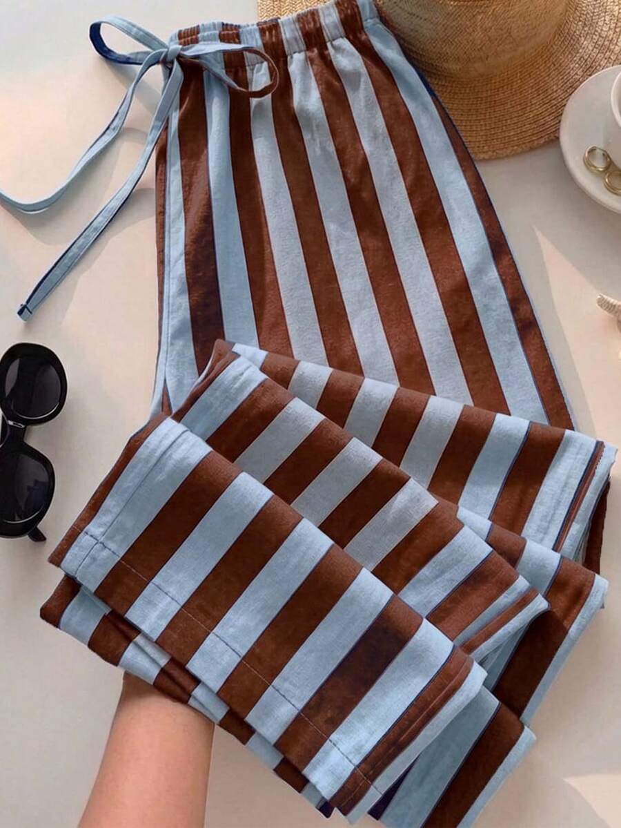 SHEIN EZwear 女款休閒繫腰直筒長褲,適合夏季穿著 - 彩色 - 查看 1
