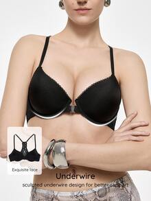 Bralution Black Underwire Molded Cup High Support Push Up Lift Front Closure Lace Patchwork Beautiful Back Minimalist French Style Women's Bra - Black - View 3