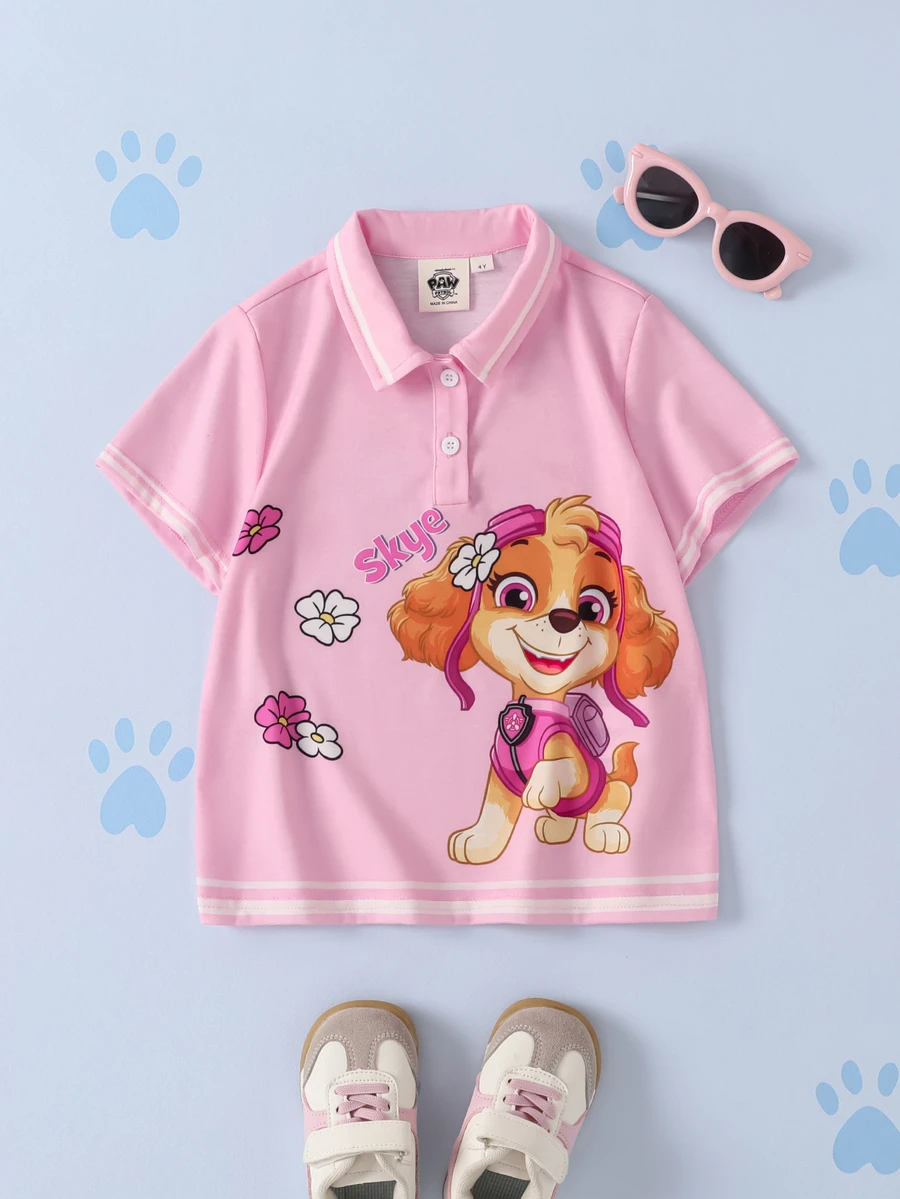 SHEIN | PAW Patrol 少女卡通印花休閒日常短袖T恤 - 粉色 - 查看 1