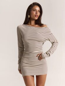 SHEIN BAE Gaun Rajut Mini Pas Badan dengan Bahu Asimetris Bergaris untuk Musim Gugur/Dingin - MultiWarna - View 5