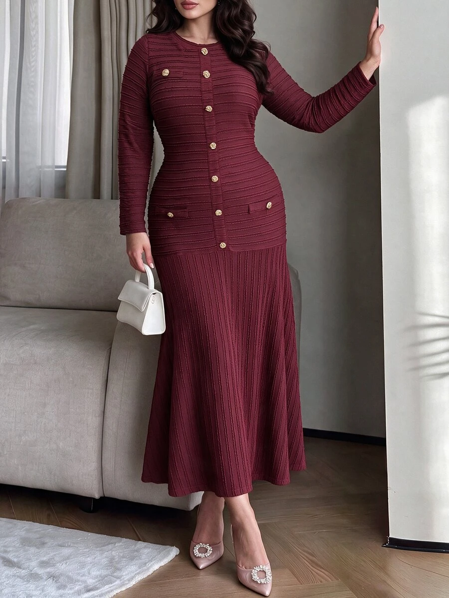 Modelyn Plus Size Women Burgundy Textured Knit Midi Dress Round Neck Gold Button Front Fitted Waist Flared A Line Skirt Quiet Luxury Fall Office Wedding Guest - Burgundy - View 1
