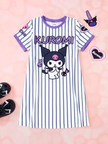 HELLO KITTY AND FRIENDS | SHEIN Tween Girl Cartoon Print Striped Short Sleeve Round Neck Dress - White - View 1