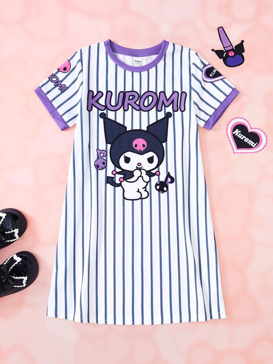 HELLO KITTY AND FRIENDS | SHEIN Tween Girl Cartoon Print Striped Short Sleeve Round Neck Dress - White - View 1