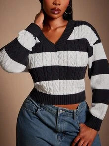 SHEIN SXY Sweater Lengan Panjang Model Crop Berkerah V Warna Hitam Putih untuk Musim Dingin - Hitam dan Putih - View 1