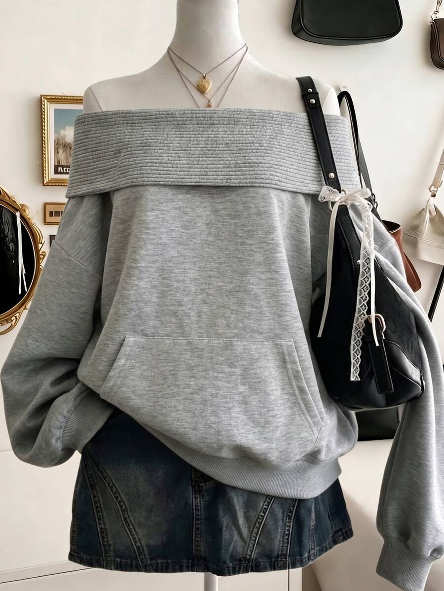 Lalippa Women's Solid Color Off-Shoulder Loose Fit Fashion Sweatshirt - Grey - View 1