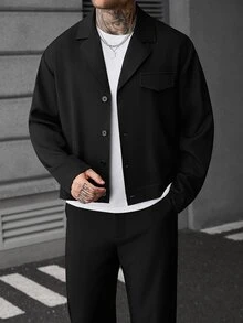 SLATEMANN Men's Fashion Minimalist Solid Color Business Commute Button Long Sleeve Jacket - Black - View 4
