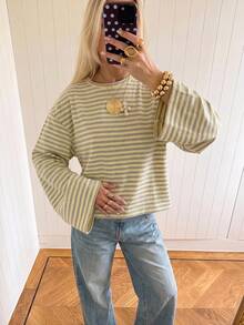 SHEIN EZwear 女款條紋圓領落肩長袖休閒寬鬆T恤 - 彩色 - 查看 5