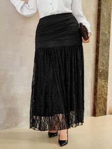 Roveilla Plus Size Knit Black Ruched Lace Skirt - Black - View 1