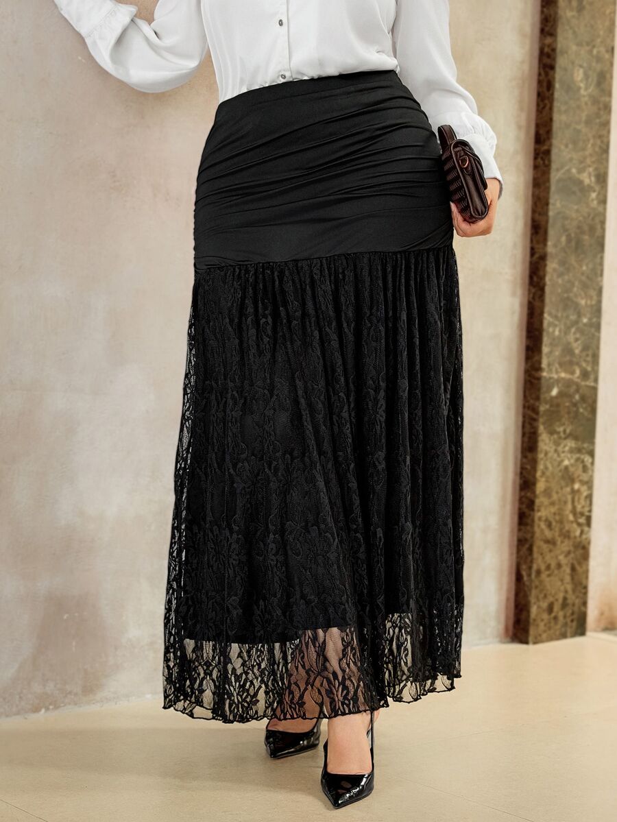 Roveilla Plus Size Knit Black Ruched Lace Skirt - Black - View 1