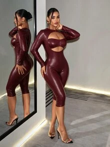 SHEIN BamGlam جمبسوت نسائي برقبة دائرية وتصميم مفرغ وضيق بأكمام طويلة - عنابي اللون - مشاهدة 5