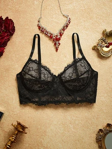 PinupPomp 1pc Women's Black Lace Eyelash Trim Sexy Bra, Lingerie For Girls - Black - View 3
