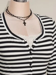 SHEIN ICON Women's Plus Size Autumn/Winter Contrast Lace Black & Gray Striped Fitted T-Shirt Fall - Black and White - View 6