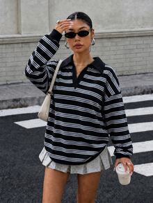 Muchica 女款 Polo 領長袖寬鬆休閒衛衣，厚實面料，適合秋冬穿著 - 黑色 - 查看 4