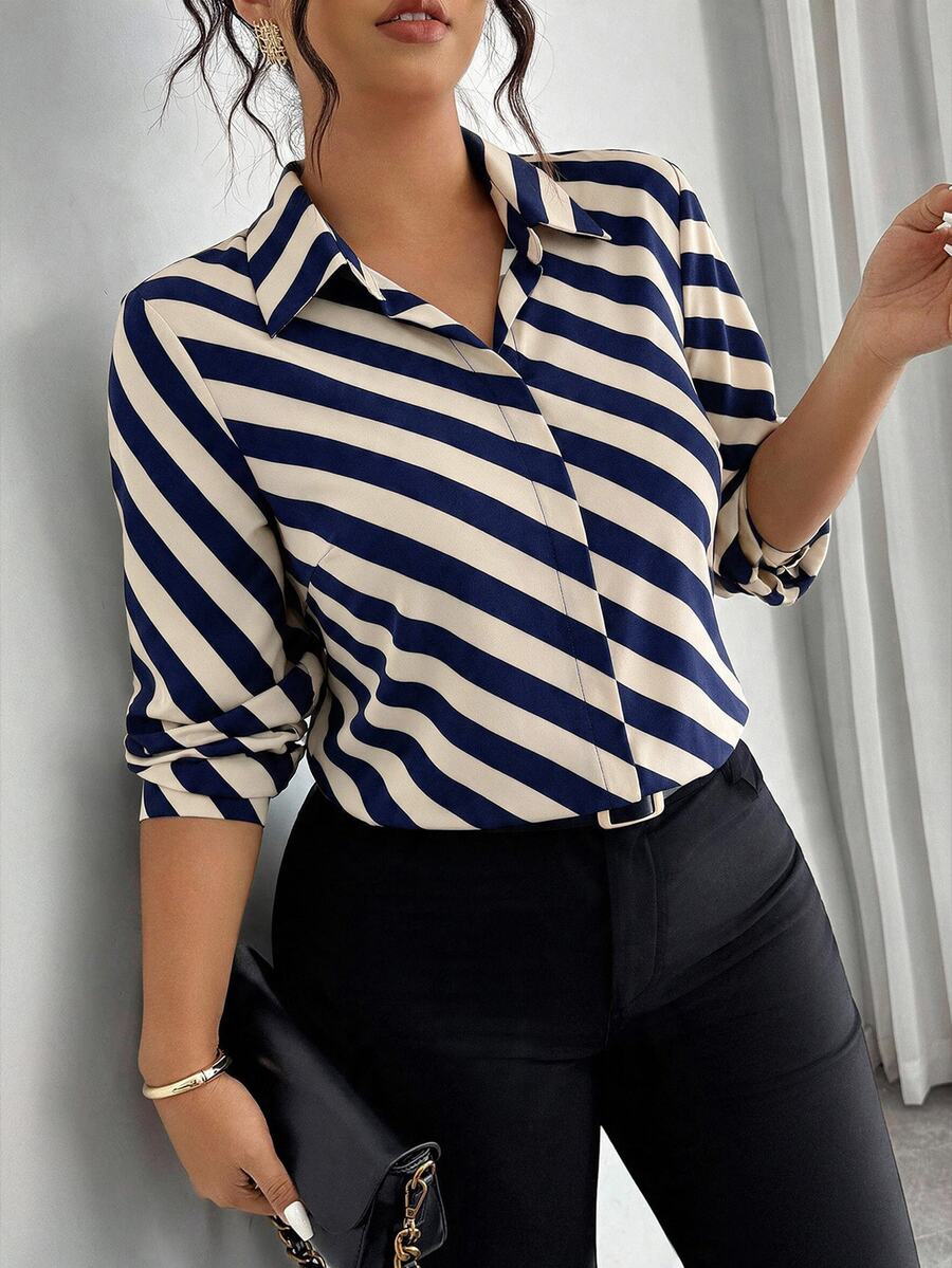 Elenzga Plus Size Elegant Diagonal Striped Satin Shirt Lapel Long Sleeve Silky Embroidery Blouse - Multicolor - View 1