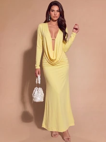 Bluhae New European & American Sexy Draped Neck Draped Top & Bodycon Long Skirt 2 Pieces Set - Light Yellow - View 3