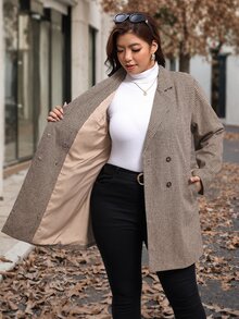 Chikora Plus Size Women's Houndstooth Lapel Neck Long Sleeve Double-Breasted Blazer - Brown - View 2