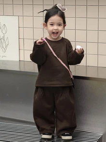 DAZY Infant (Girl) Round Neck Casual Loose Long Sleeve Sweatshirt 2 Pieces Set - Coffee Brown - View 3