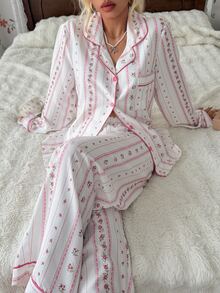 CottageSlumber Women's Bubble Crinkle Ditsy Floral Cardigan Collar Long Sleeve Pajama Set - Pink - View 3