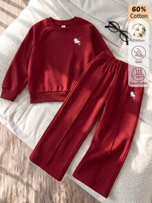 SHEIN 青少年女孩 2件/套休閒運動風酒紅色秋季返校套裝，長袖運動衫與寬鬆寬腿長褲 - 酒紅色 - 查看 2