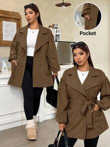Muchica Mantel Trench Kerah Lapel Warna Khaki Ukuran Besar Wanita - Khaki - View 1