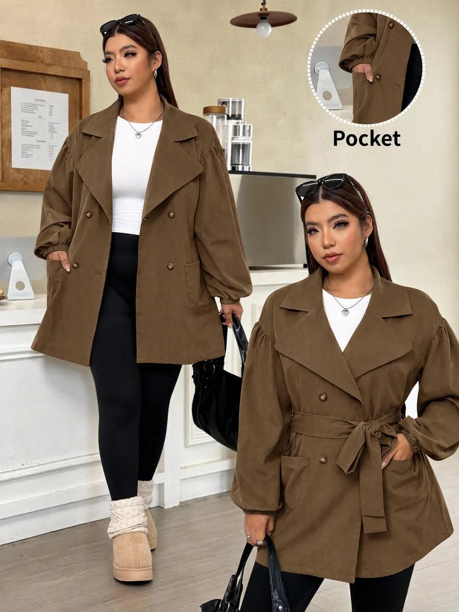 Muchica Mantel Trench Kerah Lapel Warna Khaki Ukuran Besar Wanita - Khaki - View 1