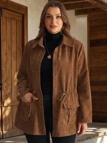 EMERY ROSE Plus Drawstring Waist Button Front Coat - Brown - View 7