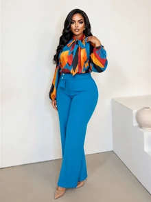 Poshavie Poshavie Setelan 2 Potong untuk Wanita dengan Blus Motif Blok Warna dan Celana Panjang Lebar - Biru - View 6