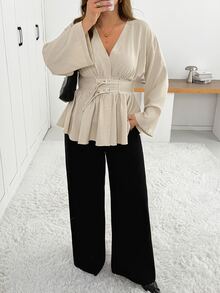 Shapeblank Women's Plus-Size Apricot Long-Sleeve V-Neck Shirt With A Waist-Cinching Design-Stylish, Elegant, And Suitable For Everyday Wear In Spring And Autumn - Apricot - View 6