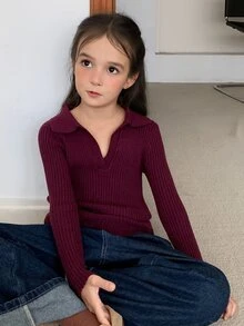Dazy Kids Tween Girl) Fitted Knit Sweater, Basic Turn Collar Inner Layer, Slim Fit Knit Top - Burgundy - View 4