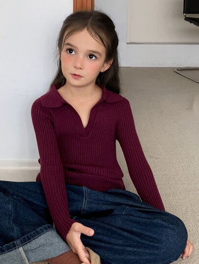 Dazy Kids Tween Girl) Fitted Knit Sweater, Basic Turn Collar Inner Layer, Slim Fit Knit Top