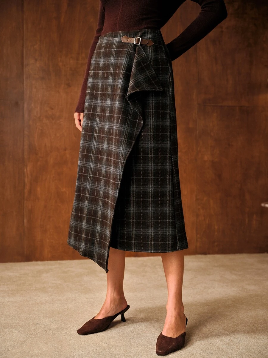 MOTF PREMIUM WOMEN'S COMMUTER ASYMMETRIC PLAID SKIRT - Coffee Brown - View 2