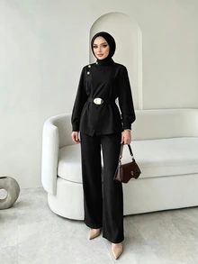 Celisse Women's Jacket And Wide Leg Pants Set Autumn - Black - View 6
