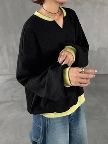 FRIFUL Sweatshirt Longgar Wanita Gaya Korea Baru Awal Musim Gugur dengan Kain Waffle Warna-warni - Hitam - View 7