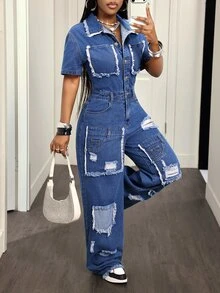 SHEIN Tall Women's Short Sleeve Raw Edge Single-Breasted Distressed Wide Leg Denim Jumpsuit - White - View 6