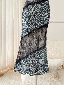 Moireta 成熟老錢風蕾絲拼接豹紋性感長款女式睡袍 - 水鴨藍 - 查看 6