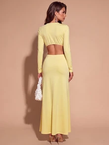 Bluhae New European & American Sexy Draped Neck Draped Top & Bodycon Long Skirt 2 Pieces Set - Light Yellow - View 2