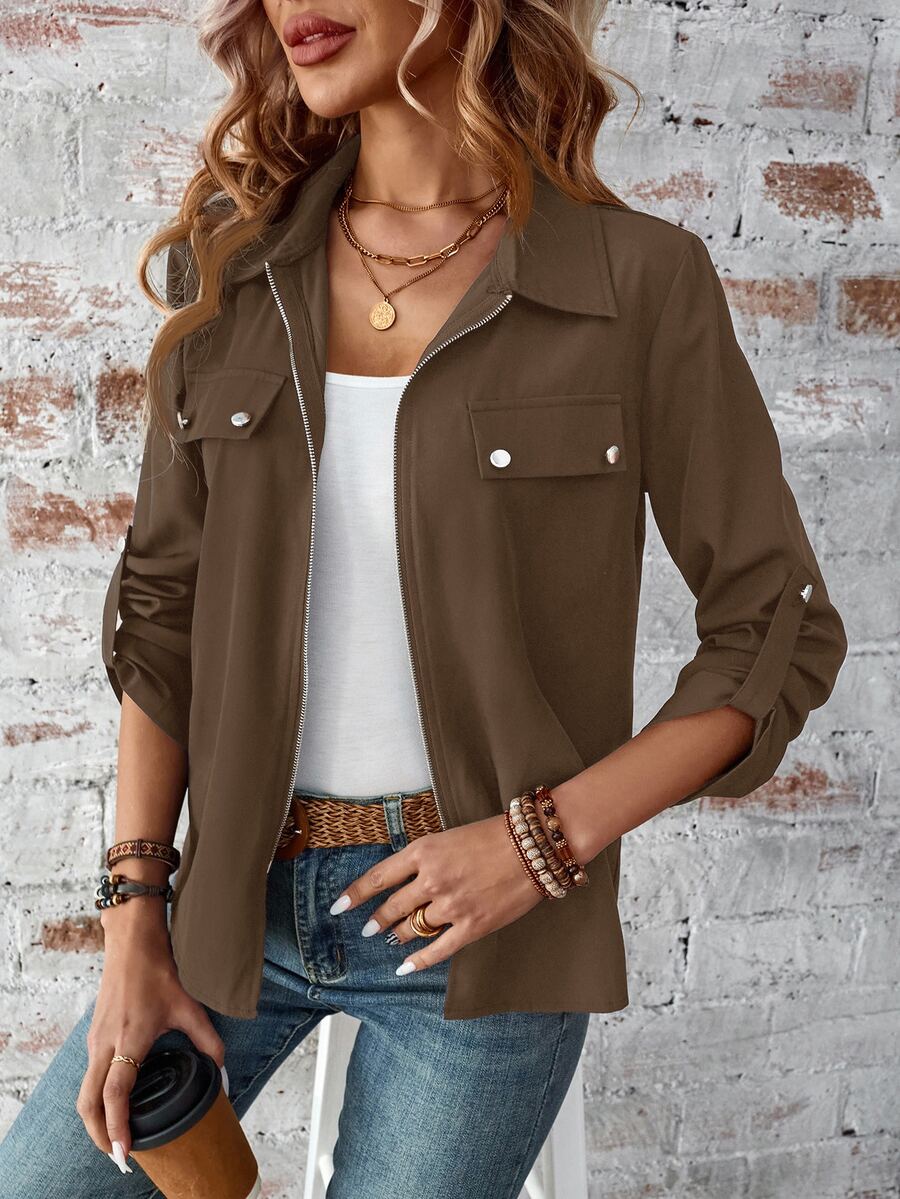 EMERY ROSE Plus Roll Tab Sleeve Flap Detail Shirt Autumn Clothes For Women Winter Fall 2026 Office Brown Casual Kawaii - Coffee Brown - View 1