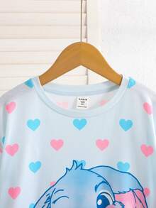 SHEIN Tween Girl 秋季/冬季休閒甜美蝴蝶結愛心卡通兔子印花寬鬆長版連帽套頭睡袍居家服淺藍色 - 淺藍色 - 查看 4