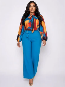 Poshavie Poshavie Setelan 2 Potong untuk Wanita dengan Blus Motif Blok Warna dan Celana Panjang Lebar - Biru - View 4