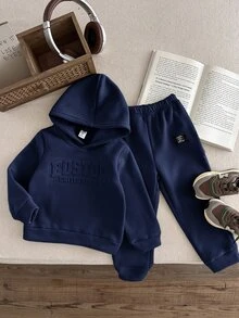 Bubblio Kids Young Boy Casual Style Loose Fit Letter Pattern Hooded Sweatshirt,Elastic Waist Long Autumn Pants Set,Back-To-School,School,Summer,Outdoor ,Party - Navy Blue - View 4