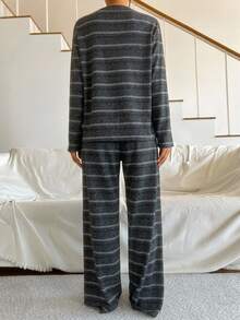DAZY Women's Striped Crew Neck Drop Shoulder Long Sleeve Top And Pants Pajama Set - Grey - View 2